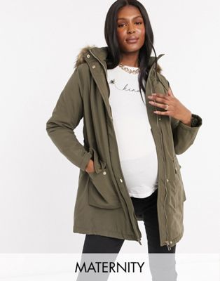 New Look Maternity longline parka jacket in khaki-Black