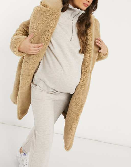 New Look Maternity longline teddy borg coat in stone ASOS