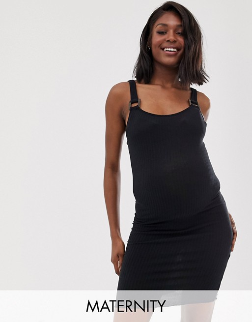New Look Maternity loop detail rib jersey dress in black