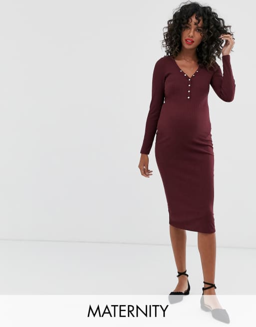 New Look Maternity - Midi-jurk met lange mouwen en drukknopen in bordeauxrood