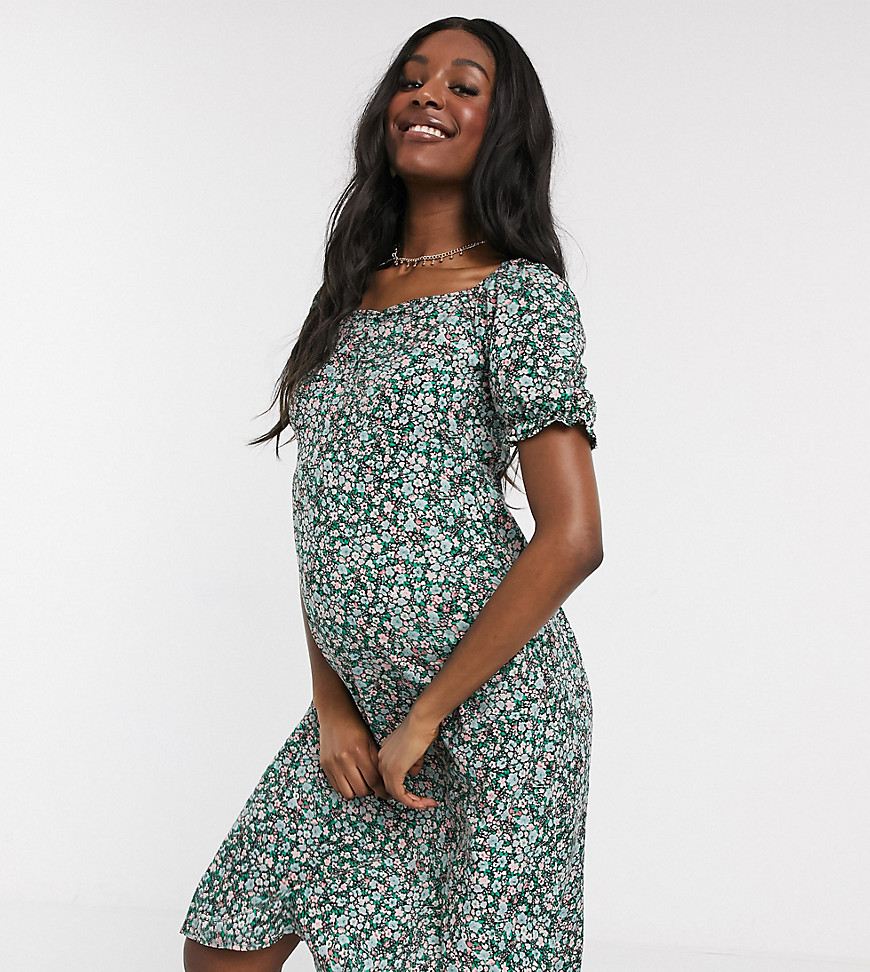 New Look Maternity - Midi-jurk met pofmouwen, vierkante halslijn en fijne bloemenprint in zwart