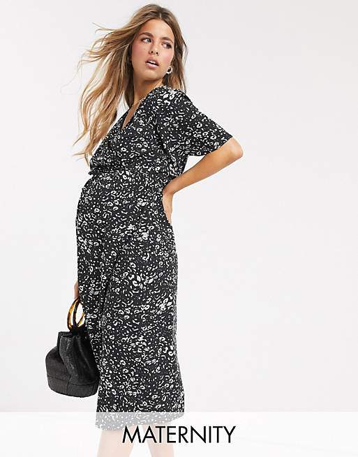 New Look Maternity midi wrap dress in mono spot pattern