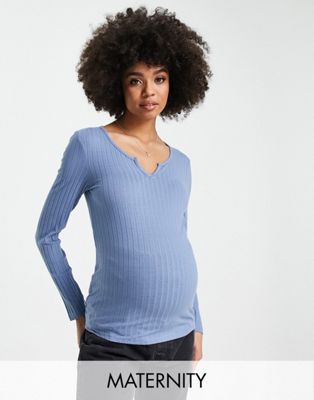 New Look Maternity notch neck long sleeve top in light blue