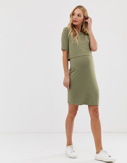 ASOS DESIGN Maternity Nursing Exclusive mini dress with overlay and ruching  in khaki