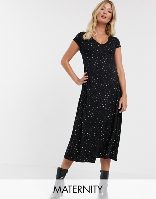 New Look Maternity pleated midi dress in black polka dot