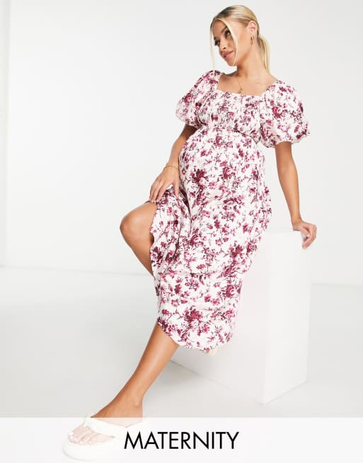 New Look Maternity puff sleeve shirred dress in pink
