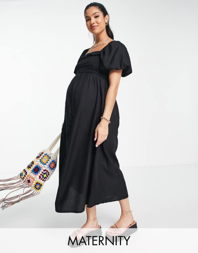 New Look Maternity puff sleeve shirred midi dress in black