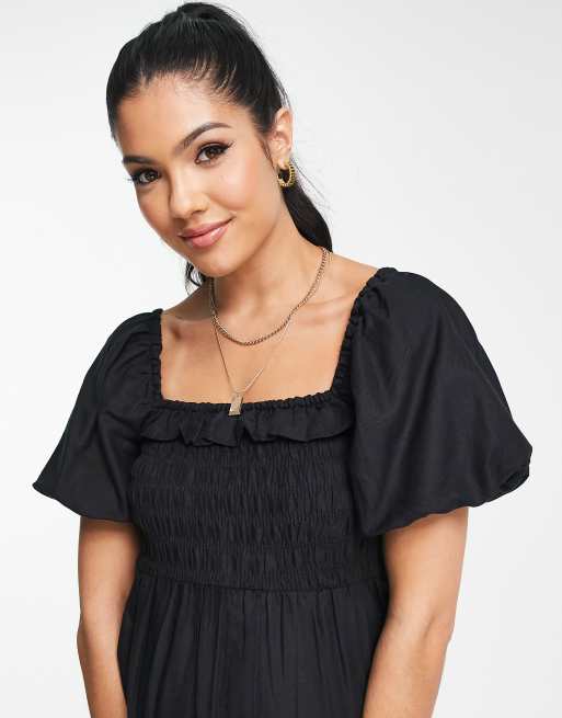 New Look Maternity puff sleeve shirred midi dress in black