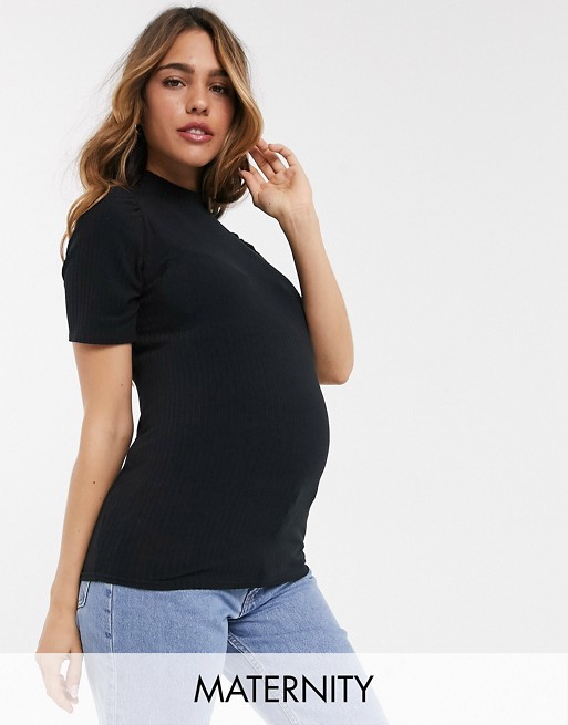 New Look Maternity rib puff sleeve top in black
