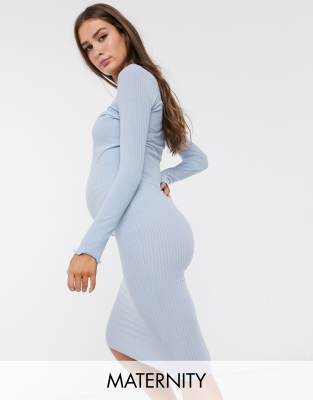 New Look Maternity ribbed long sleeve midi dress in pale blue