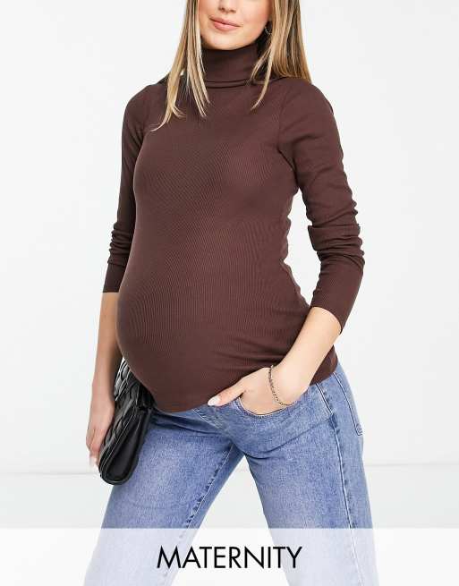 New Look Maternity ribbed roll neck top in brown