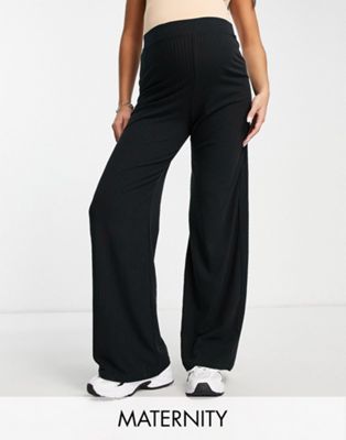 New Look Maternity ribbed wide leg trousers in black