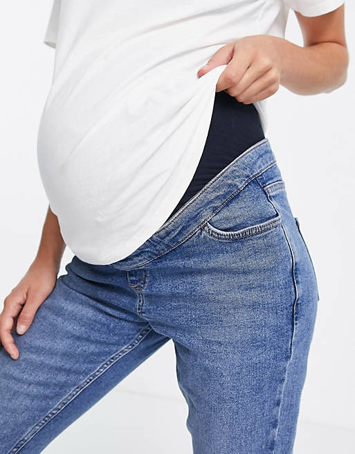  New Look Maternity ripped mom jean in mid blue 