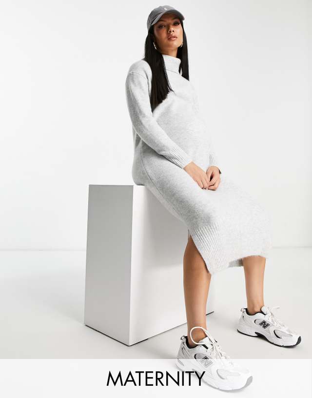 New Look Maternity roll neck knitted midi dress in gray