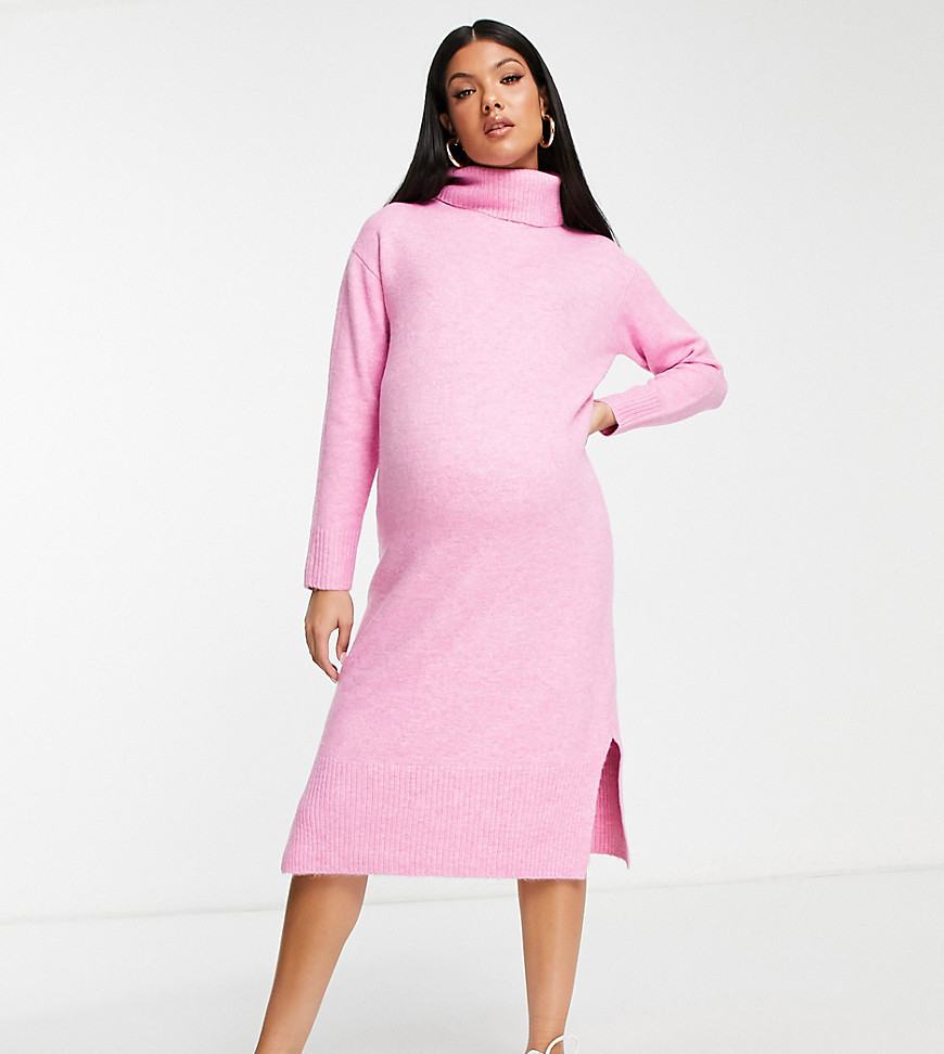 New Look Maternity Roll Neck Knitted Midi Dress In Light Pink