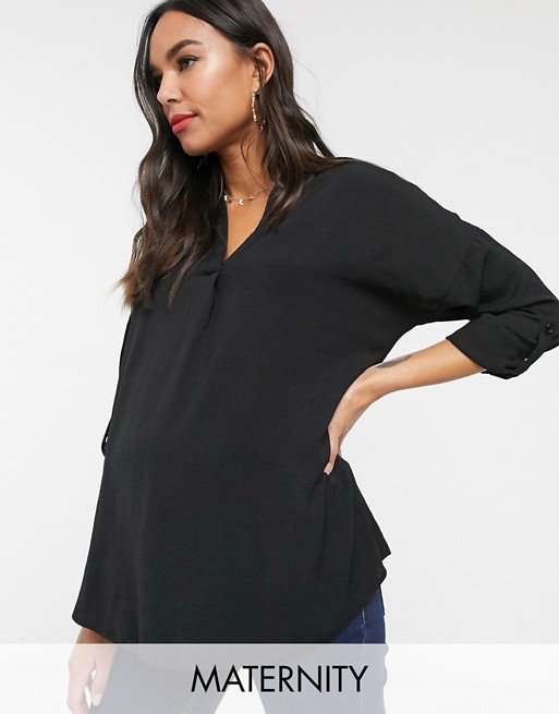New Look Maternity rolled sleeve blouse in black
