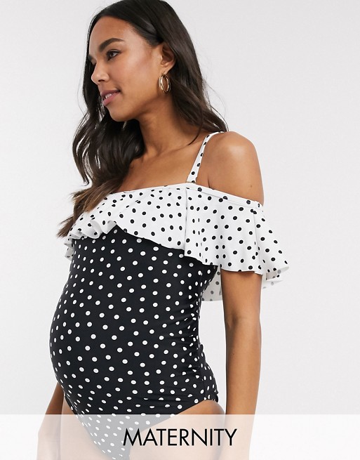 New Look Maternity ruffle swimsuit in contrast polka dot