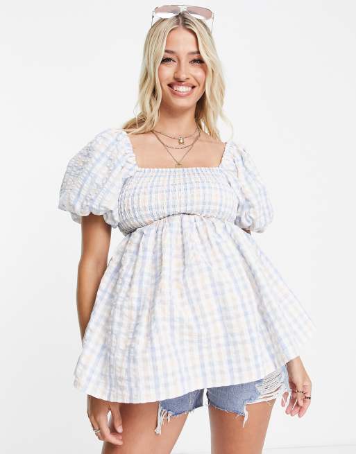 New Look Maternity - Rynket bluse med pufærmer i blåternet, 4 af 4