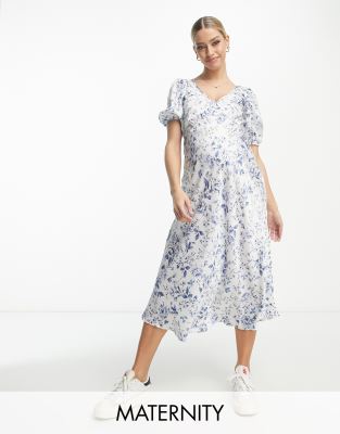 New Look Maternity satin tie back midi dress with puff sleeves in blue floral