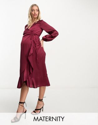 New Look Maternity satin wrap midi dress in burgundy - ASOS Price Checker