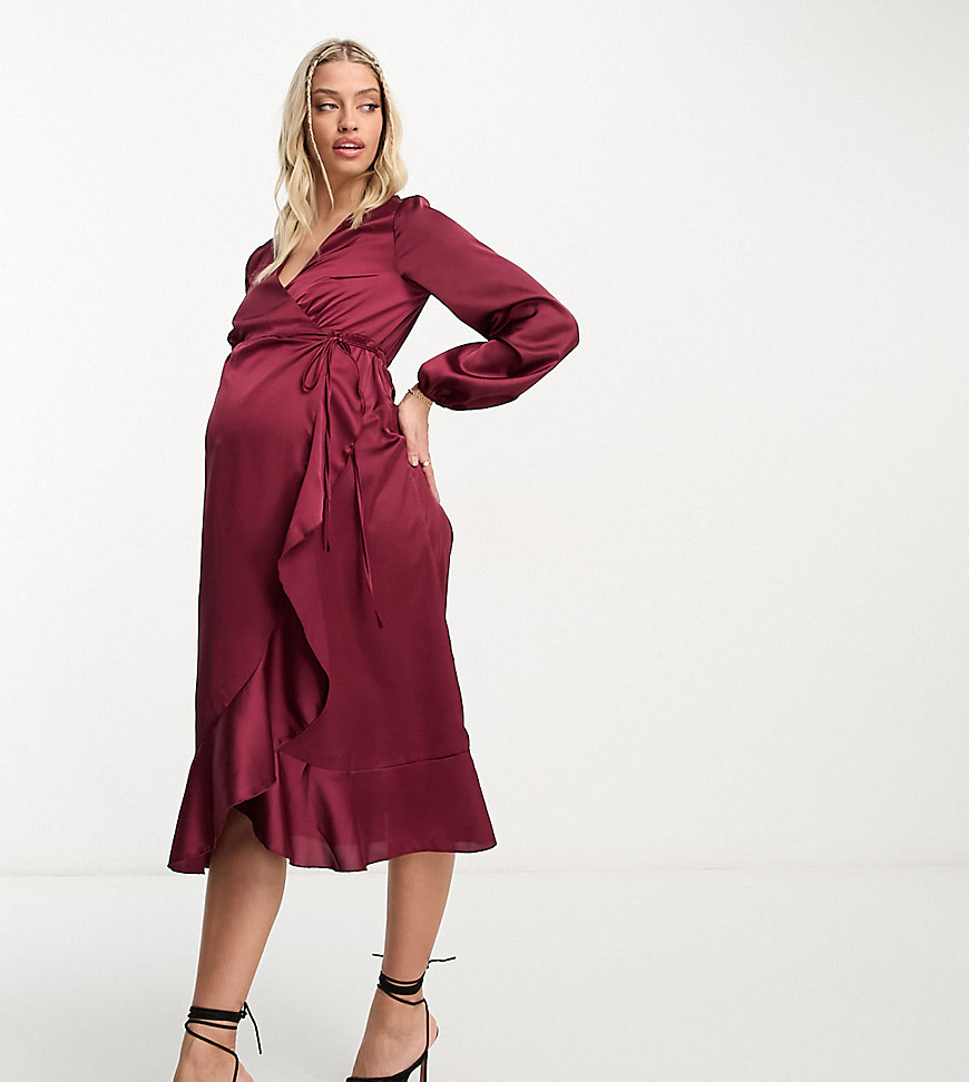 New Look Maternity satin wrap midi dress in burgundy-Red