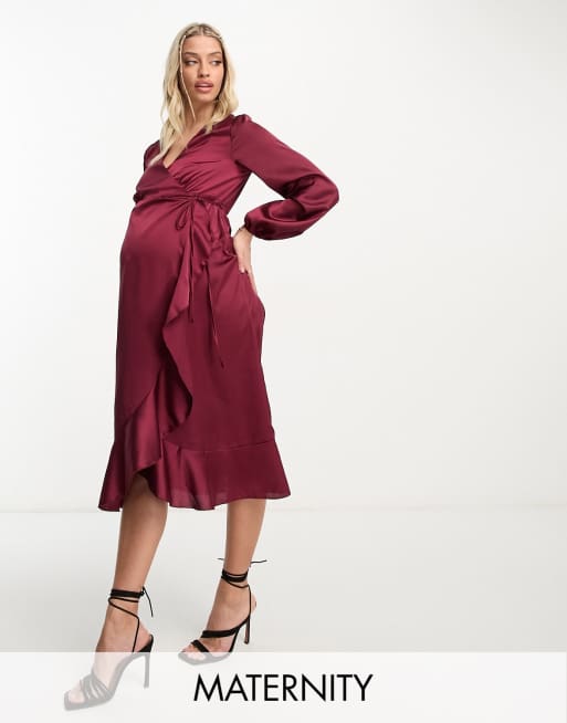 Red Midi Wrap Maternity Dress