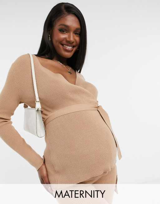 New Look Maternity set knit wrap top in camel