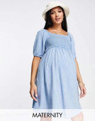 New Look Maternity shirred denim mini dress with puff sleeves in light blue