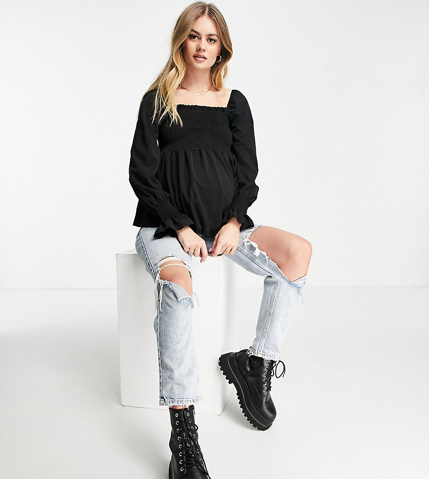 New Look Maternity shirred square neck top in black