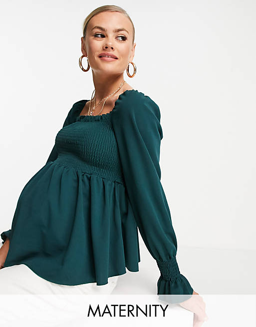New Look Maternity shirred square neck top in dark green