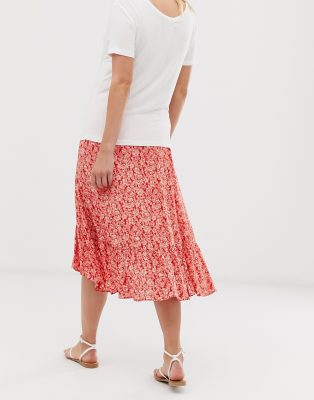 red floral midi skirt