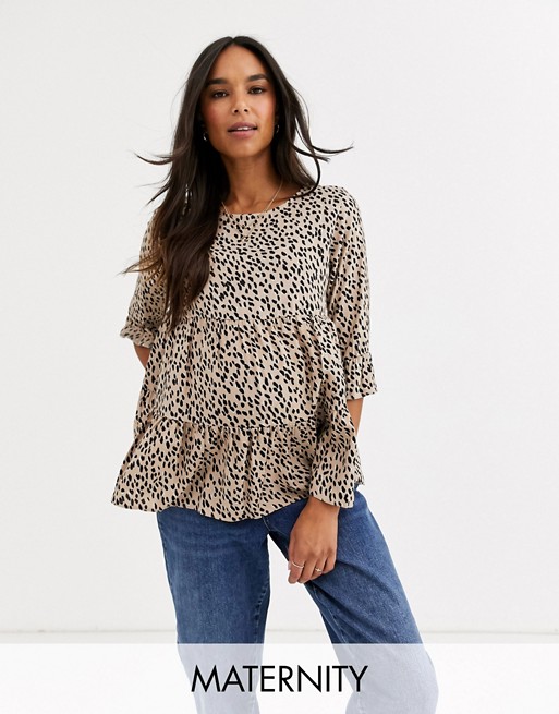 New Look Maternity smock blouse in brown animal
