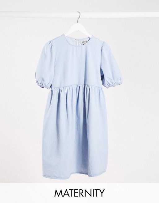 New Look Maternity smock dress with puff sleeves in blue denim