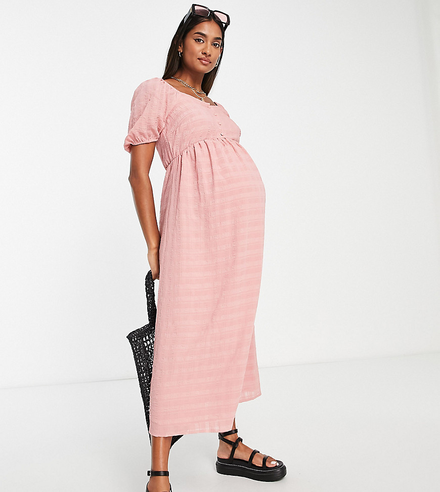 New Look Maternity square neck puff sleeve midi dress in pink