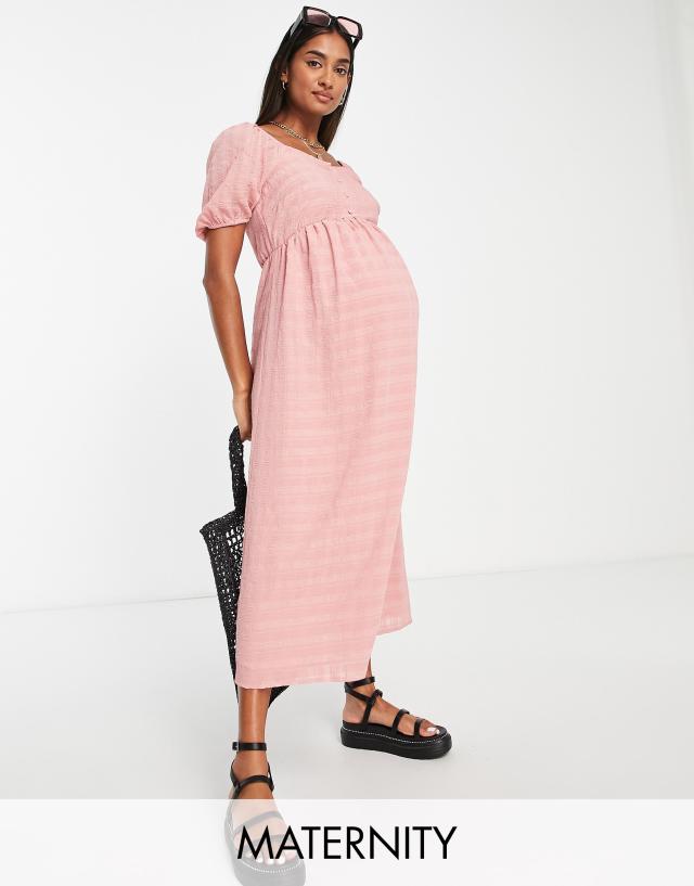 New Look Maternity square neck puff sleeve midi dress in pink