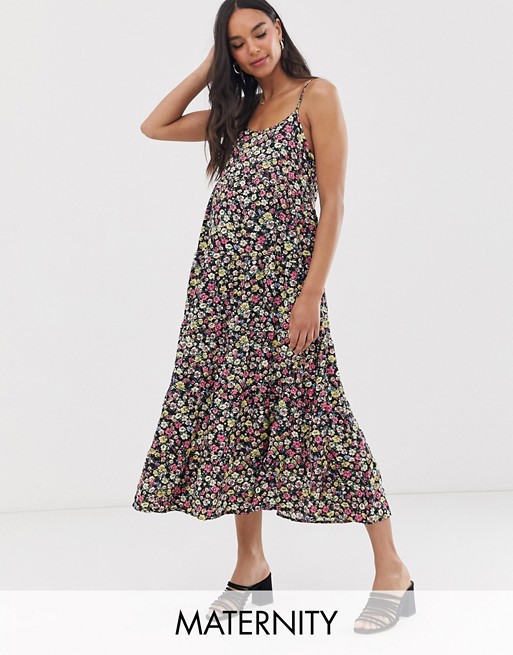 New Look Maternity strappy tier midi dress in black floral pattern