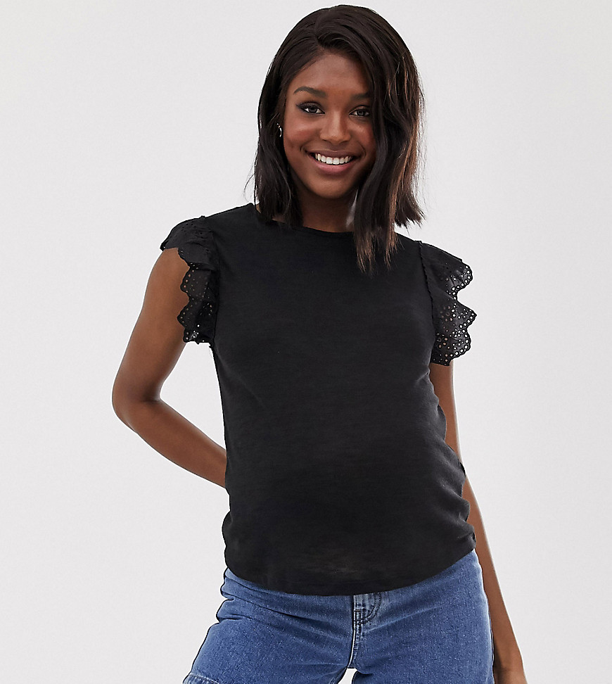 New Look Maternity – Svart t-shirt med hålbroderi längs kanten