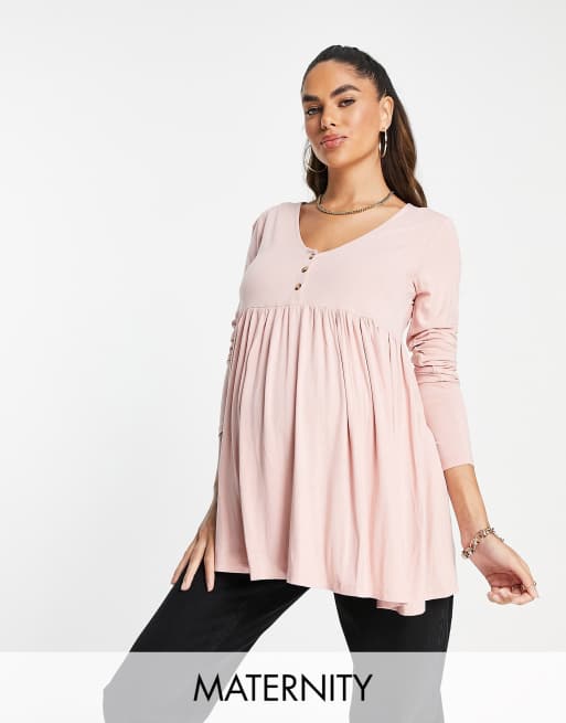 New Look Maternity - T-shirt met peplum, lange mouwen en knoopjes in lichtroze