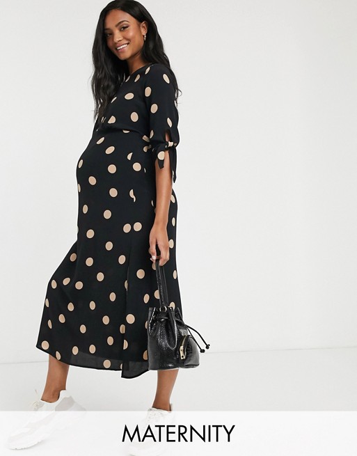New Look Maternity tie sleeve midi tea dress in black polka dot