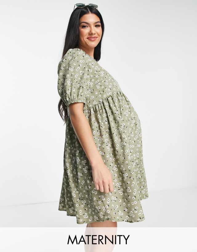 New Look Maternity tie sleeve smock mini dress in green floral