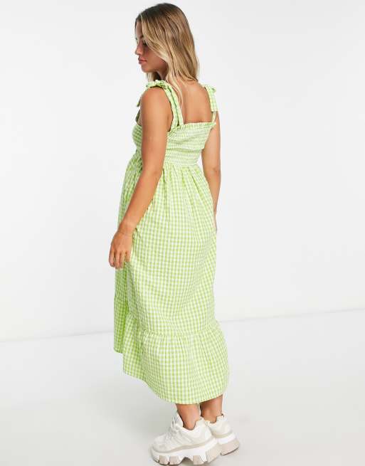 New Look Maternity tie strap midi dress with tie front in green gingham |  ASOS