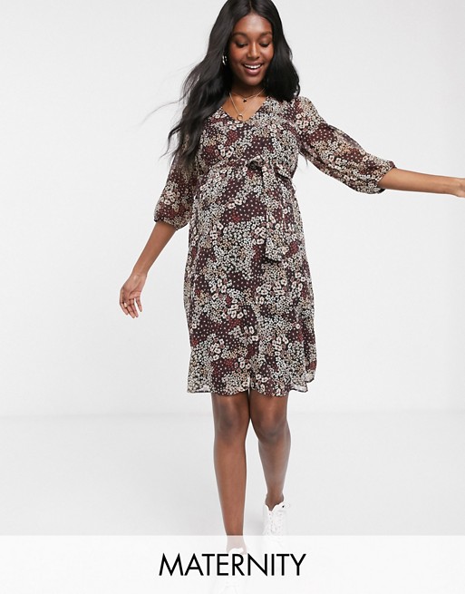 New Look Maternity tie waist midi dress in ditsy floral