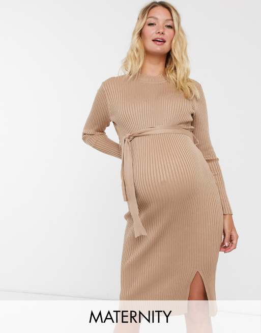 ledningsfri Ubevæbnet Kloster New Look Maternity tie waist rib midi dress in camel | ASOS