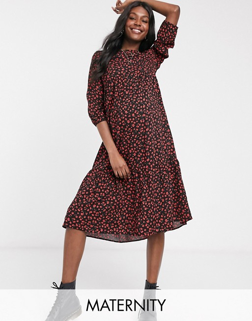New Look Maternity tiered ditsy floral smock maxi dress in black