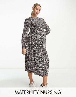 New Look Maternity Tiered Nursing Dress In Black Floral