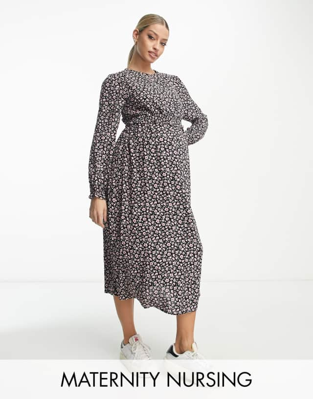 New Look Maternity tiered nursing dress in black floral