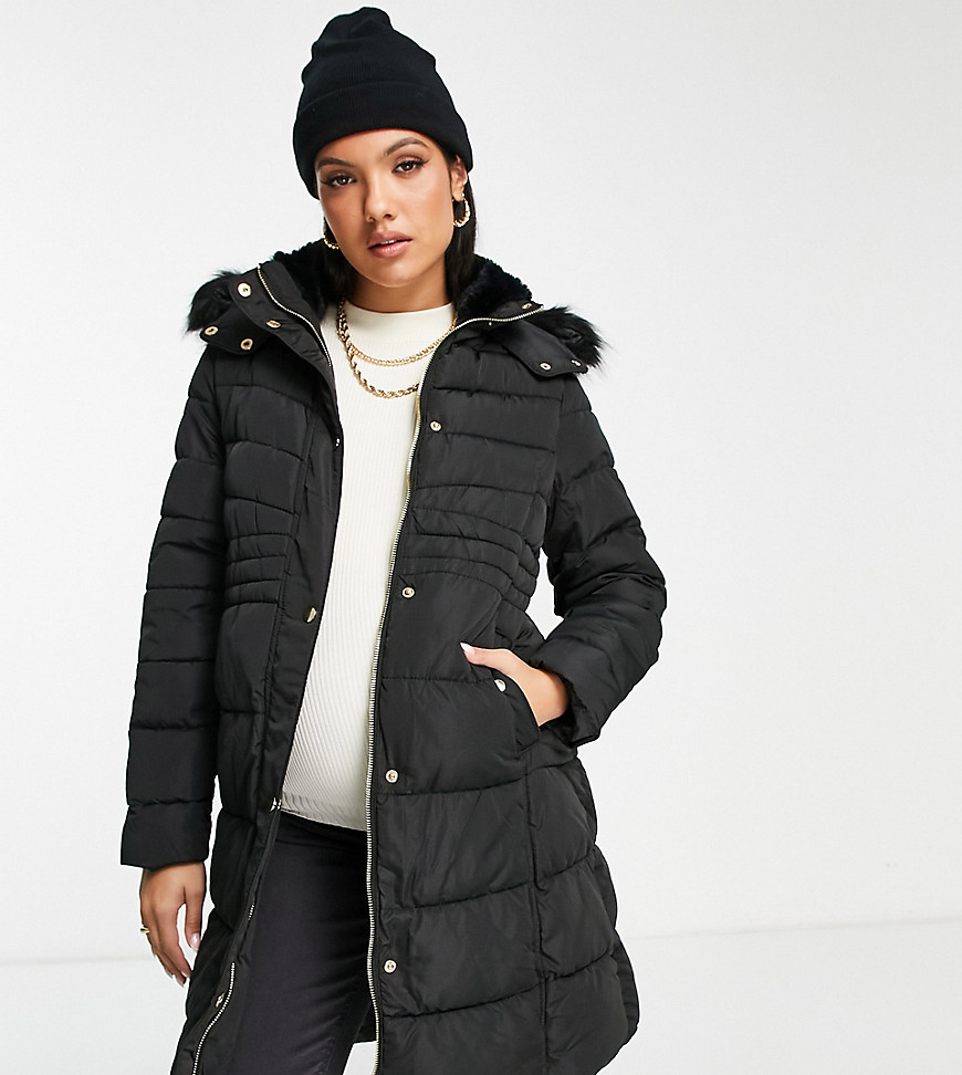 New Look Maternity waisted puffer coat with faux fur hood in black