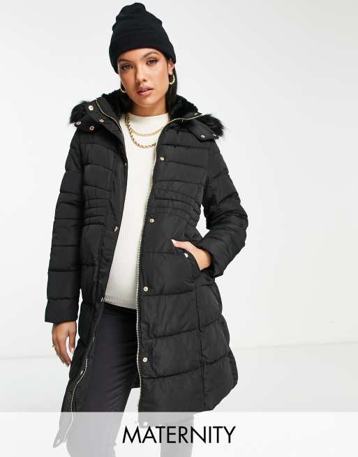 New Look Maternity waisted puffer coat with faux fur hood in black | ASOS