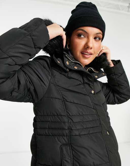 Maternity Black Collar Belted Longline Puffer Coat