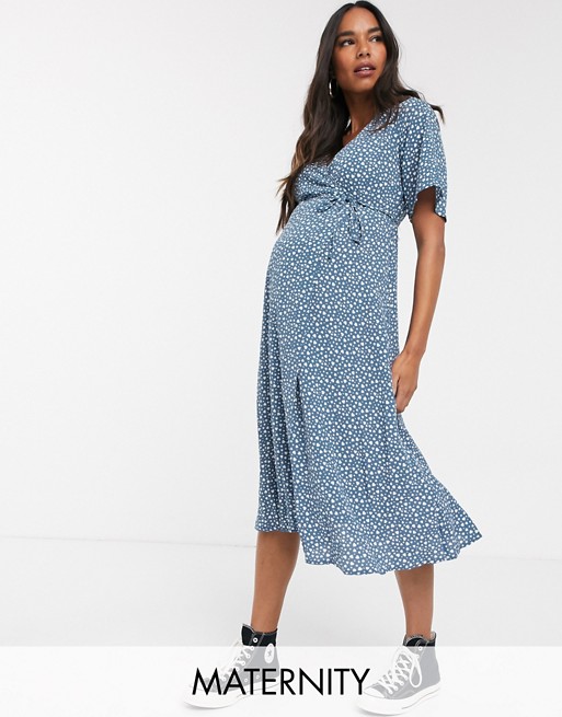 New Look Maternity wrap front midi dress in blue ditsy floral